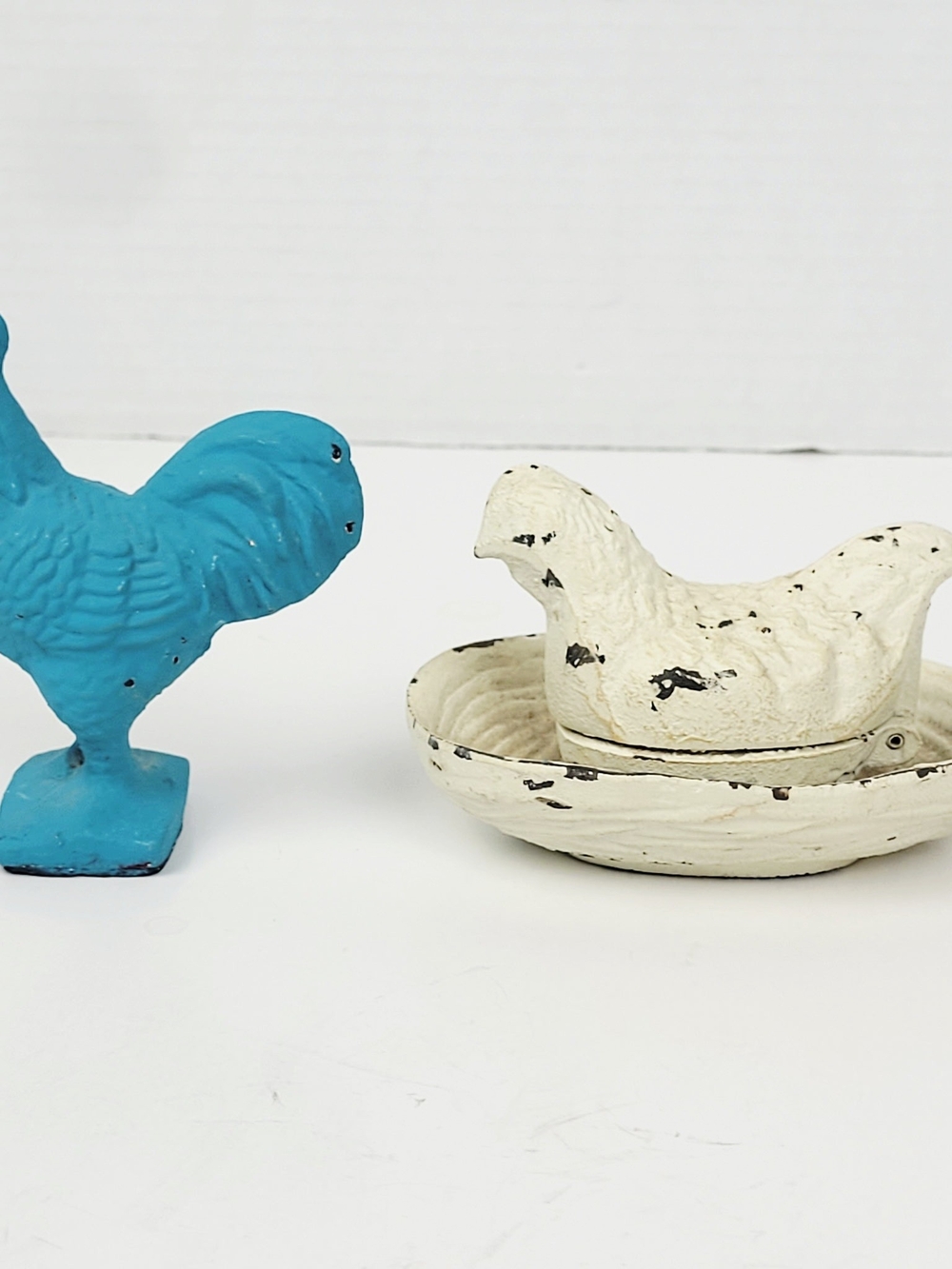 2~Vtg Cast Iron White Chicken/Hen Trinket Box~Blue Rooster~Rustic Farmcore
